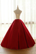 Burgundy round neck lace applique long prom dresses