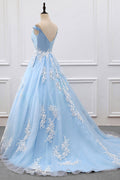 Blue v neck lace tulle long prom dress, blue evening dress