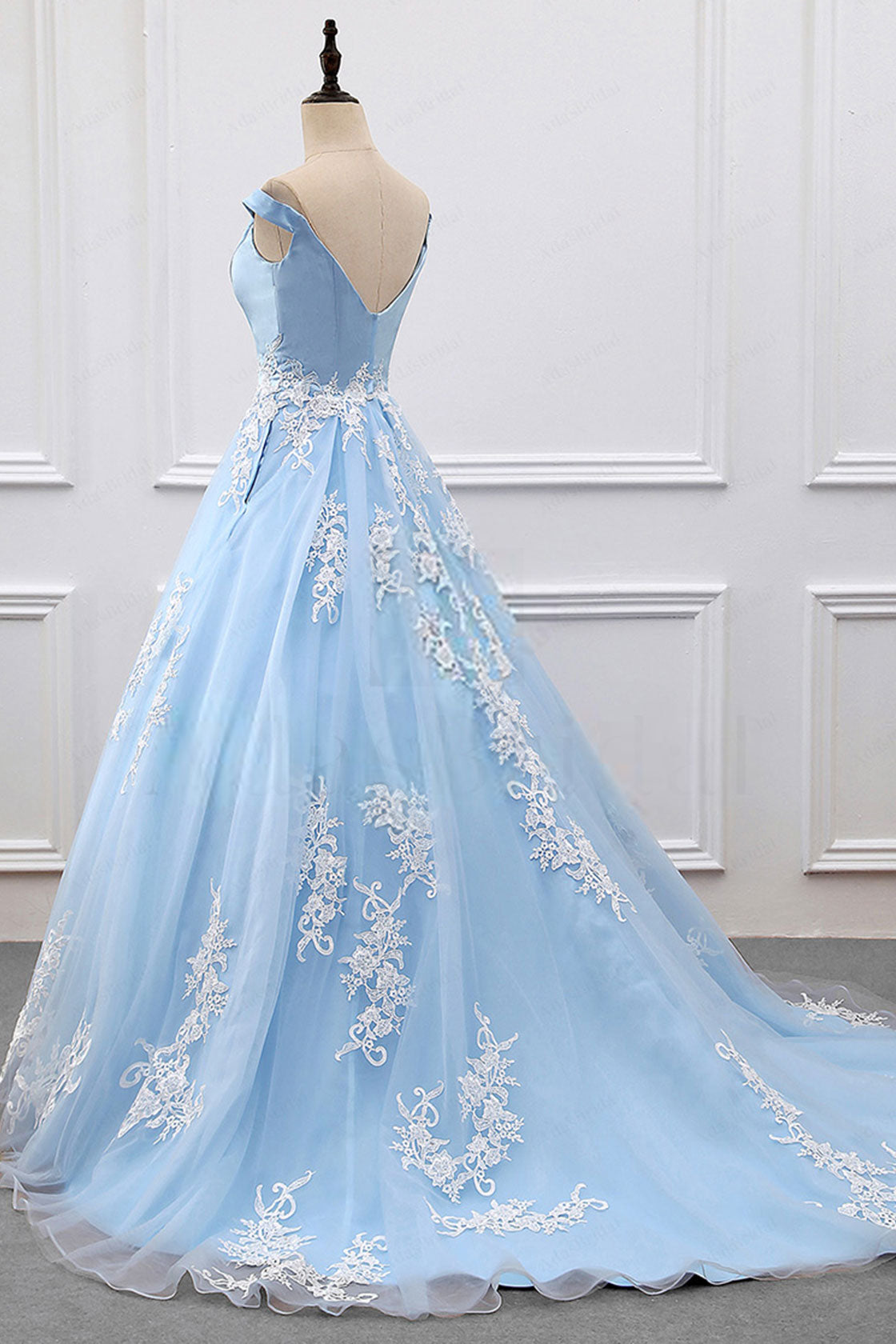 Blue v neck lace tulle long prom dress, blue evening dress