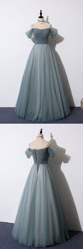 Gray blue sweetheart tulle formal dress blue evening dress