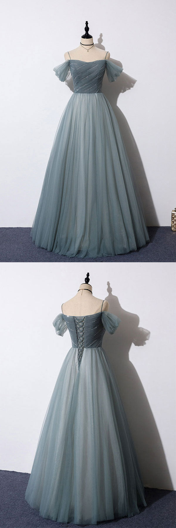 Gray blue sweetheart tulle formal dress blue evening dress