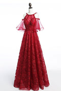 Burgundy tulle lace beads long prom dress, burgundy evening dress