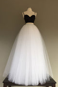 Simple white/black tulle two pieces long prom dress, evening dress