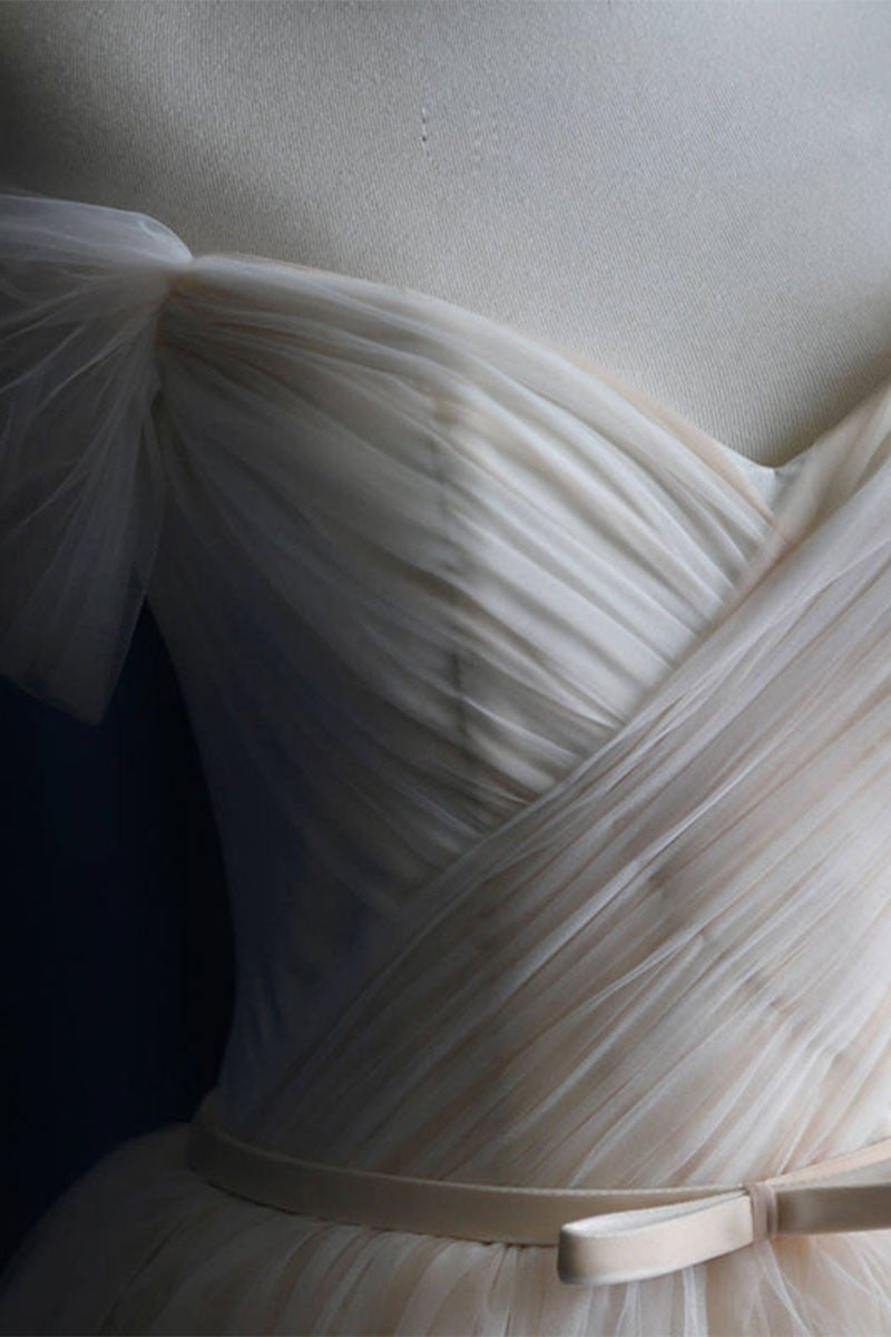 Light champagne tulle long prom dress, wedding dress