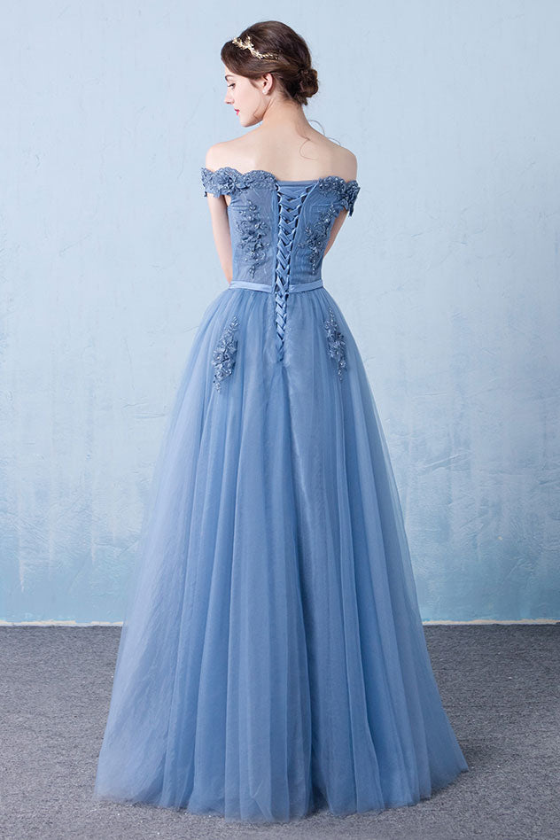 Blue off shoulder lace tulle long prom dress, blue lace bridesmaid dress