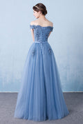Blue off shoulder lace tulle long prom dress, blue lace bridesmaid dress