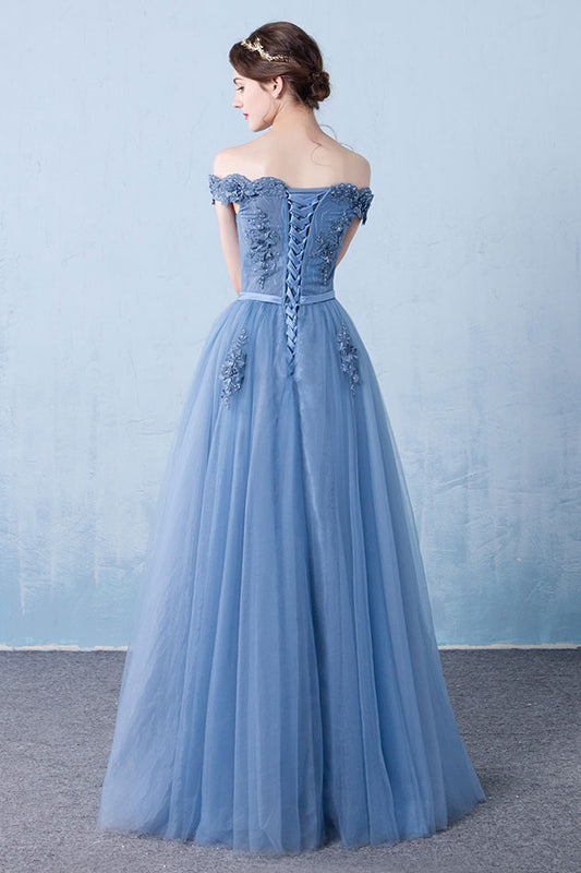 Blue off shoulder lace tulle long prom dress, blue lace bridesmaid dress