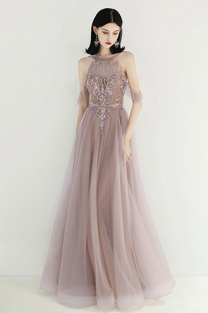 Champagne tulle sequin beads long prom dress tulle evening dress