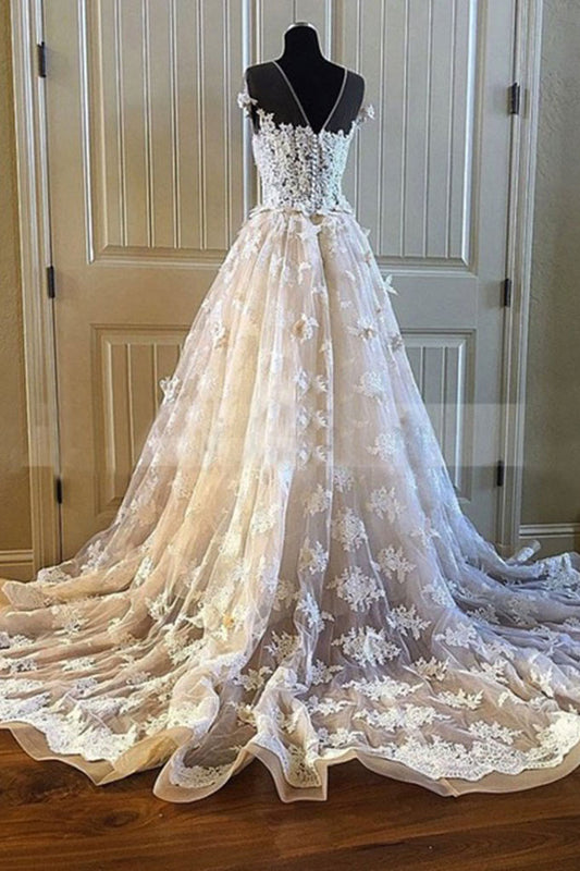 Champagne round neck lace long prom dress, champagne wedding dress