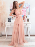 Simple pink v neck tulle long prom dress tulle formal dress