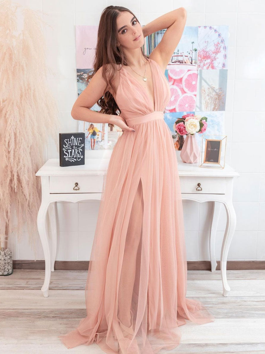 Simple pink v neck tulle long prom dress tulle formal dress