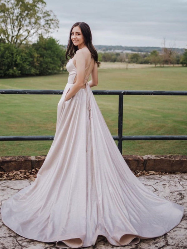 Light pink A-line satin long prom dress pink evening dress