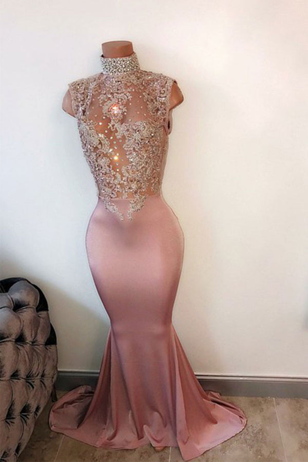 Pink high neck lace sequin mermaid long prom dress, evening dress