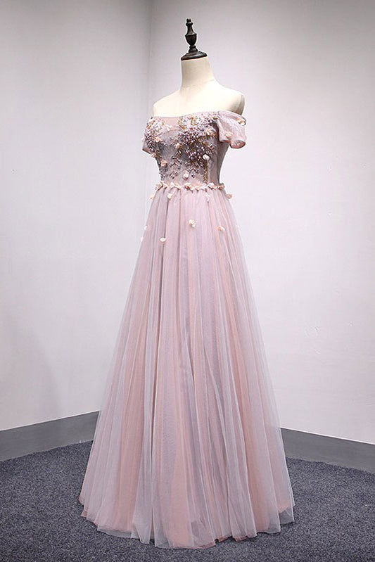 Pink tulle lace long prom dress, pink tulle evening dress