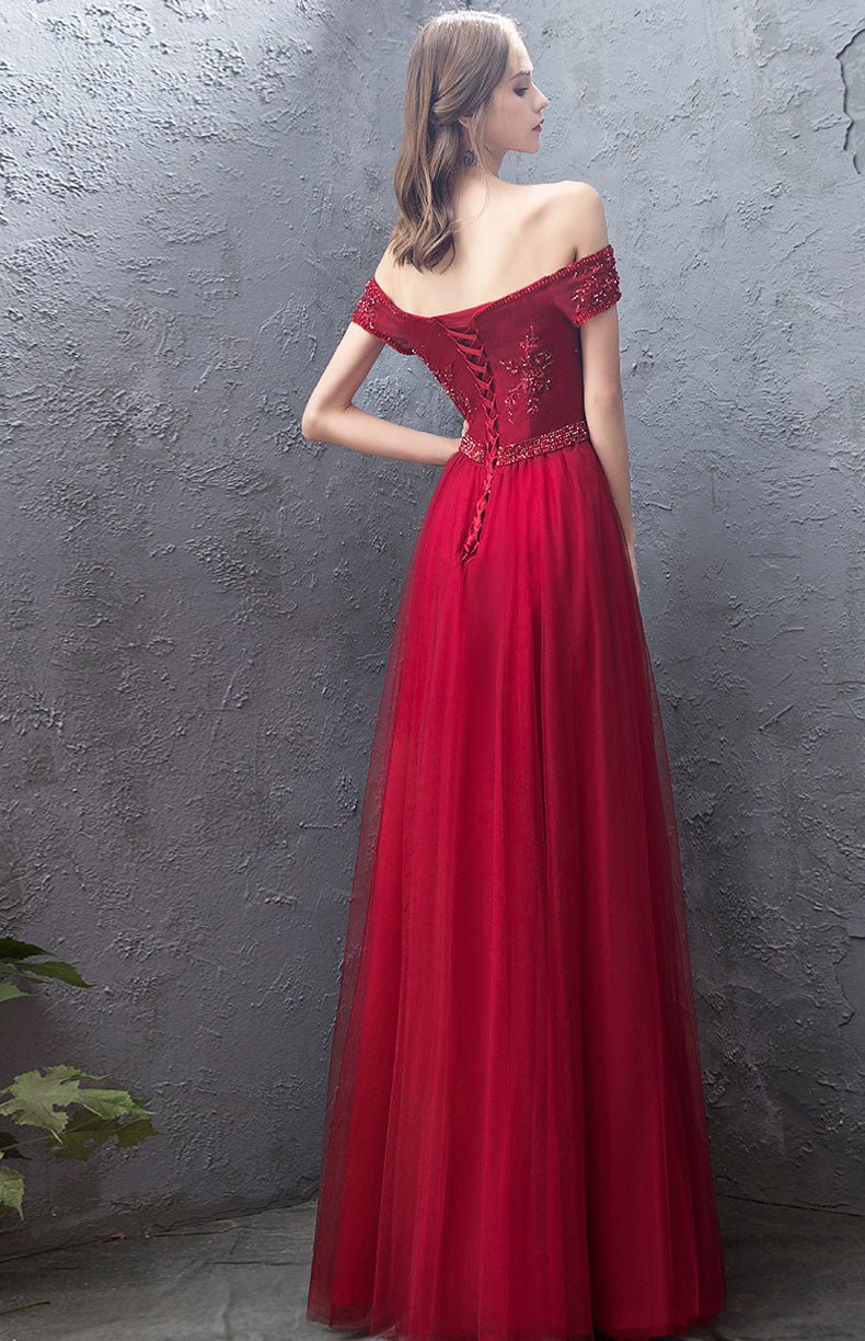 Burgundy tulle off shoulder long prom dress, burgundy evening dress