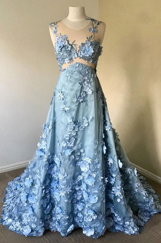 Blue round neck lace long prom dress, blue lace evening dress