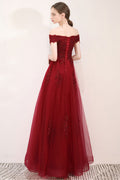 Burgundy tulle lace long prom dress, burgundy evening dress