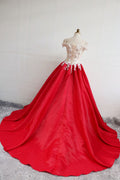 Red satin lace long prom dress, red evening dress