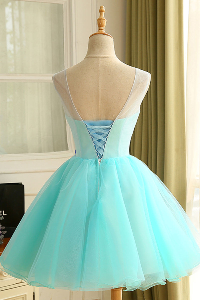 Cute blue organza short prom dress, cute homecoming dress
