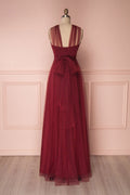 Burgundy tulle sweetheart long prom dress, burgundy evening dress