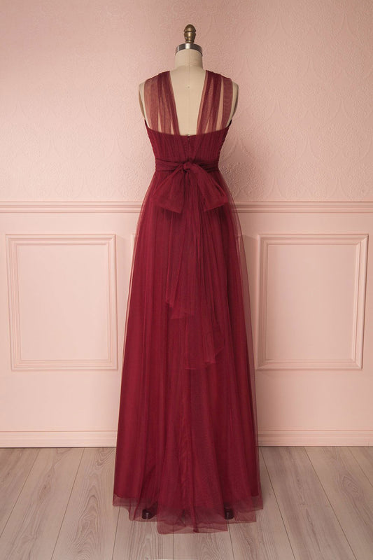 Burgundy tulle sweetheart long prom dress, burgundy evening dress