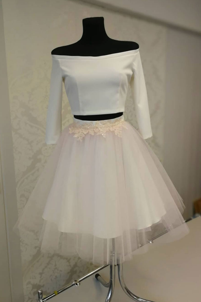 White two pieces short prom dress, tulle homecoming dress