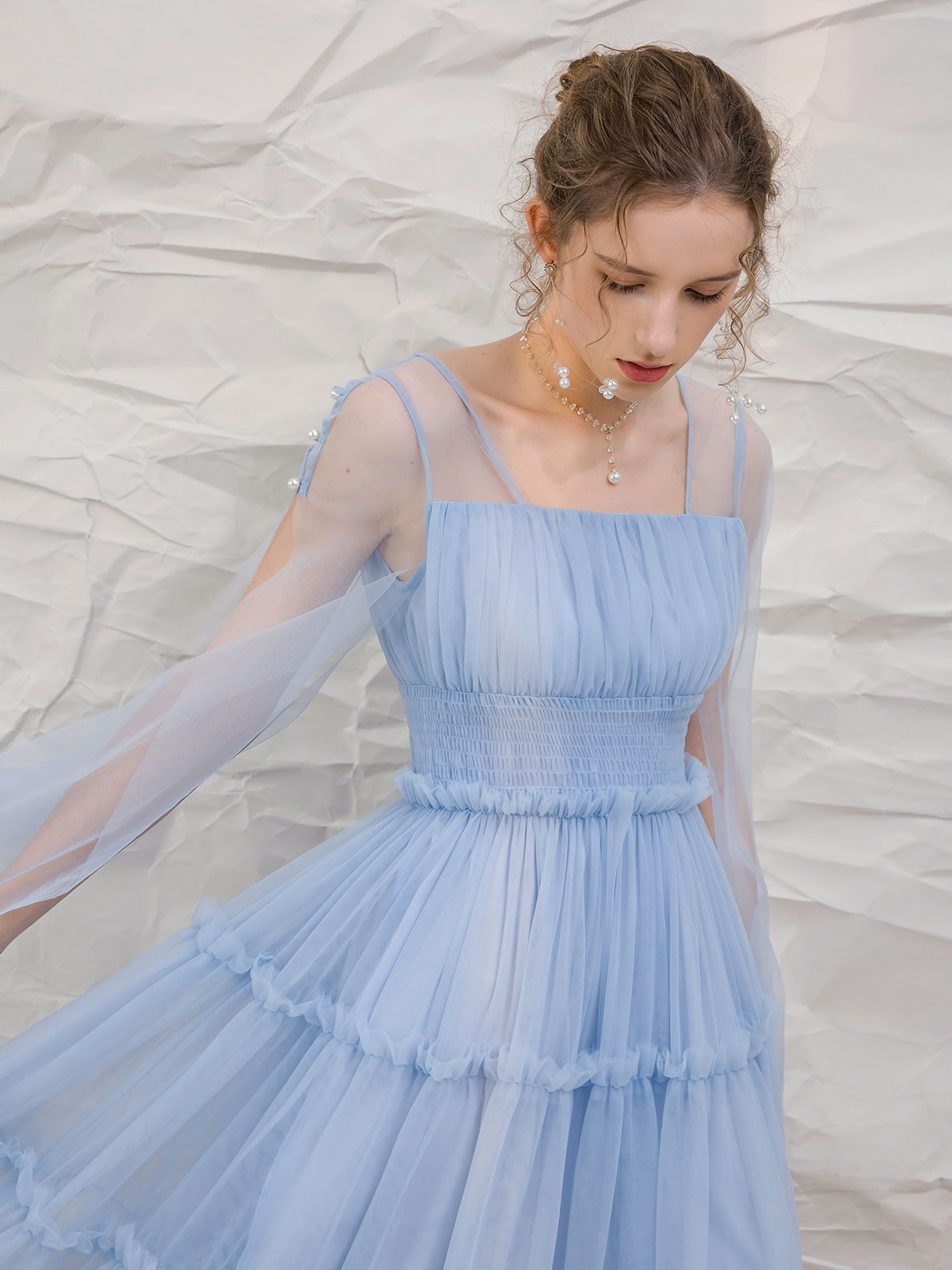 Blue tulle tea length prom dress, blue tulle formal evening dress