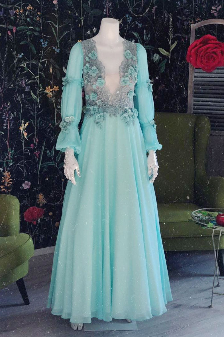 Green v neck chiffon lace long prom dress, green evening dress