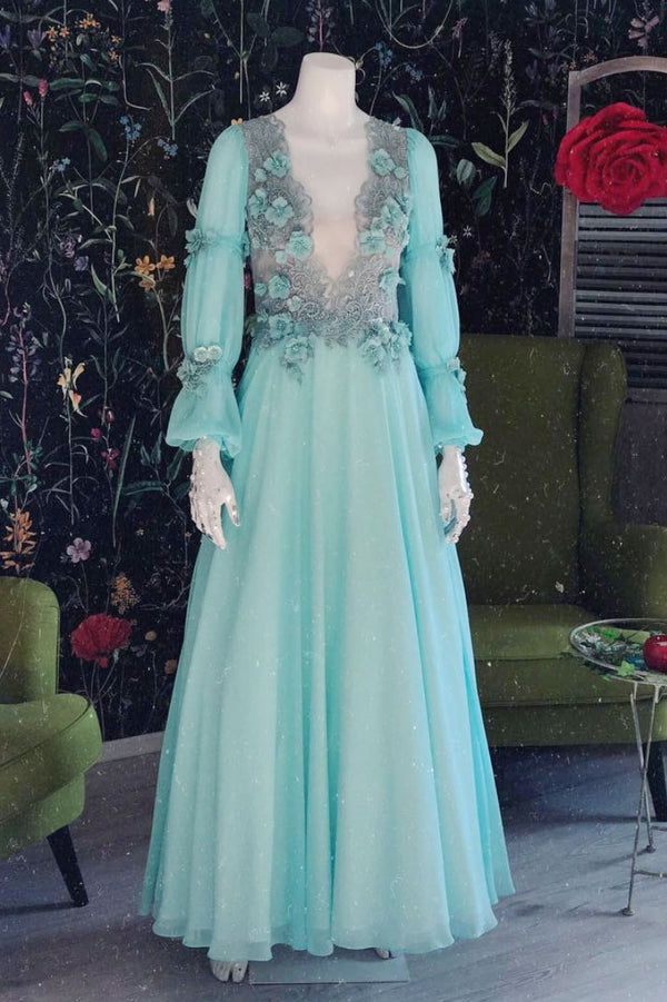 Green v neck chiffon lace long prom dress, green evening dress