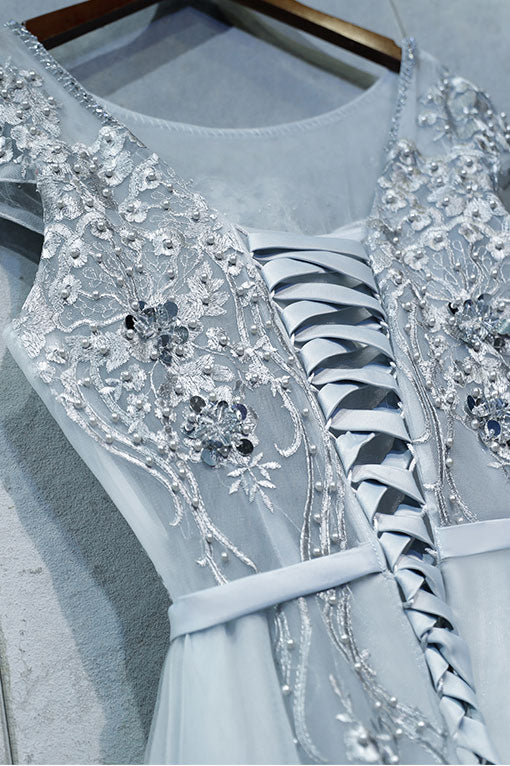 Gray round neck lace tulle long prom dress, gray evening dress