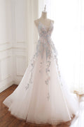 White v neck tulle lace long prom dress, white evening dress