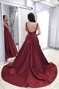 Burgundy v neck satin long prom dress, burgundy satin evening dress