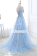 Blue sweetheart tulle long prom dress, blue evening dress
