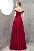 Burgundy tulle lace off shoulder prom dress, burgundy bridesmaid dress