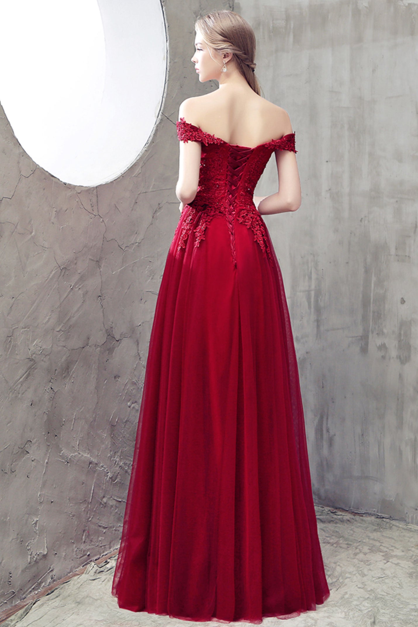 Burgundy tulle lace off shoulder prom dress, burgundy bridesmaid dress