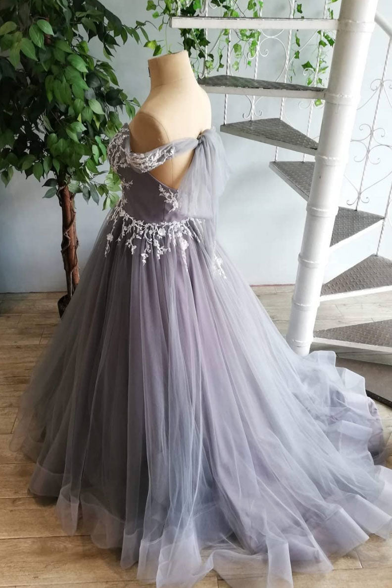 Gray tulle lace long prom dress, gray tulle lace formal dress