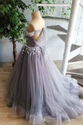 Gray tulle lace long prom dress, gray tulle lace formal dress