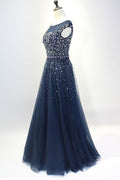 Dark blue round neck sequin tulle long prom dress, tulle evening dress