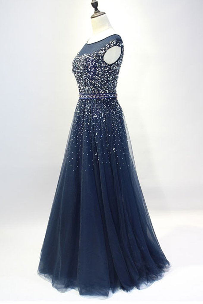 Dark blue round neck sequin tulle long prom dress, tulle evening dress