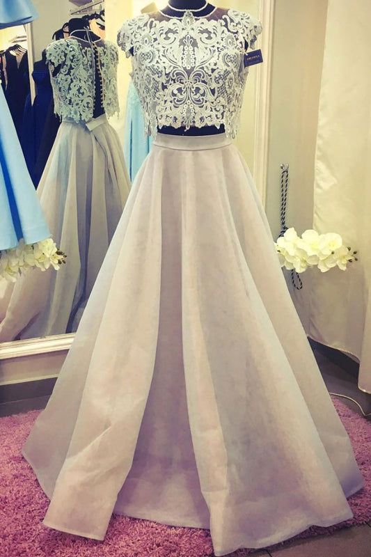 Unique champagne lace two pieces long prom dress, lace evening dress