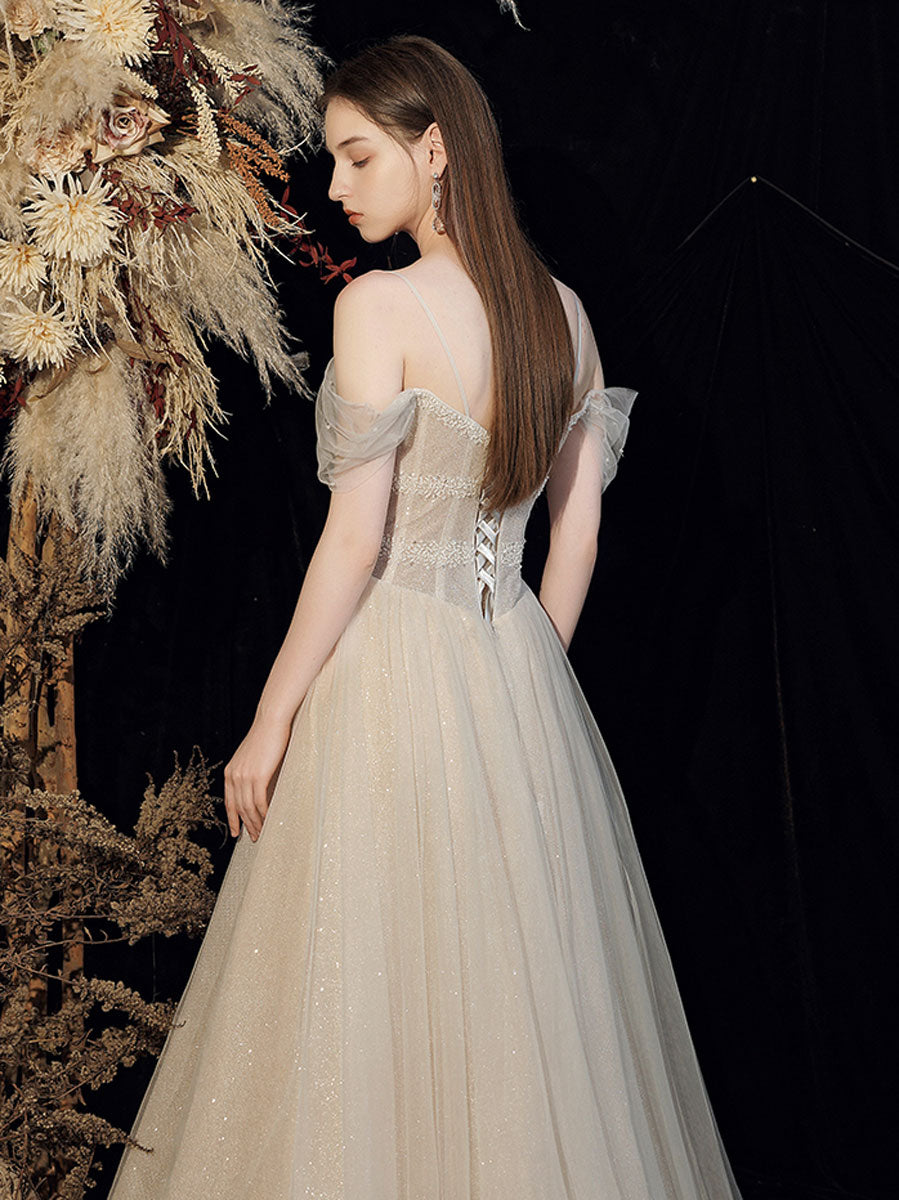 Champagne tulle sequin long prom dress, tulle formal dress