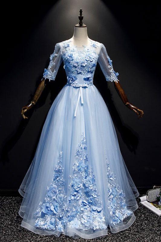 Blue tulle lace long prom dress, blue tulle evening dress