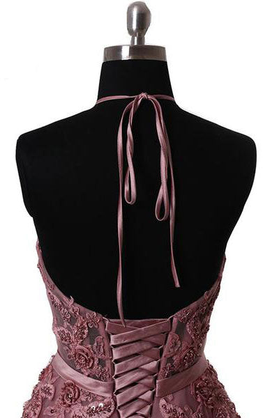 Unique tulle lace applique long prom dress, tulle evening dress