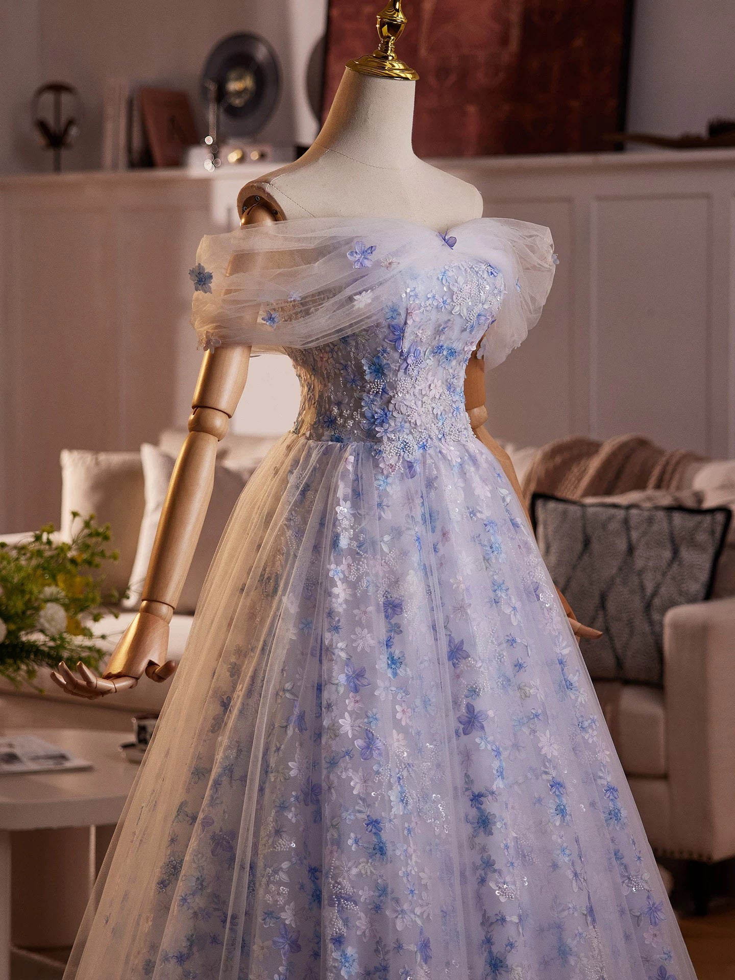 A-Line Off Shoulder Tulle Lace Purple Long Prom Dress, Purple Evening Dress