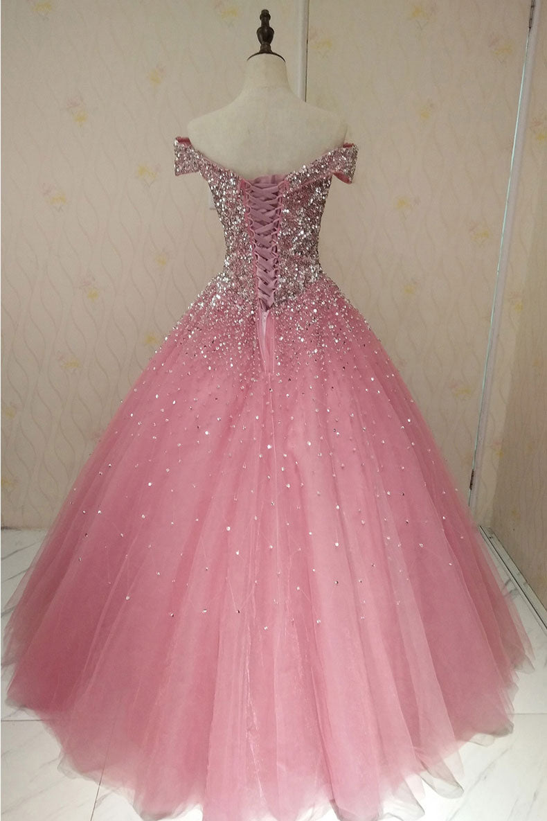 Pink sweetheart tulle sequin long prom dress, pink tulle evening dress