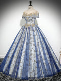 A-Line Round Neck Tulle Sequin Lace Blue Long Prom Dress, Blue Long Formal Dress