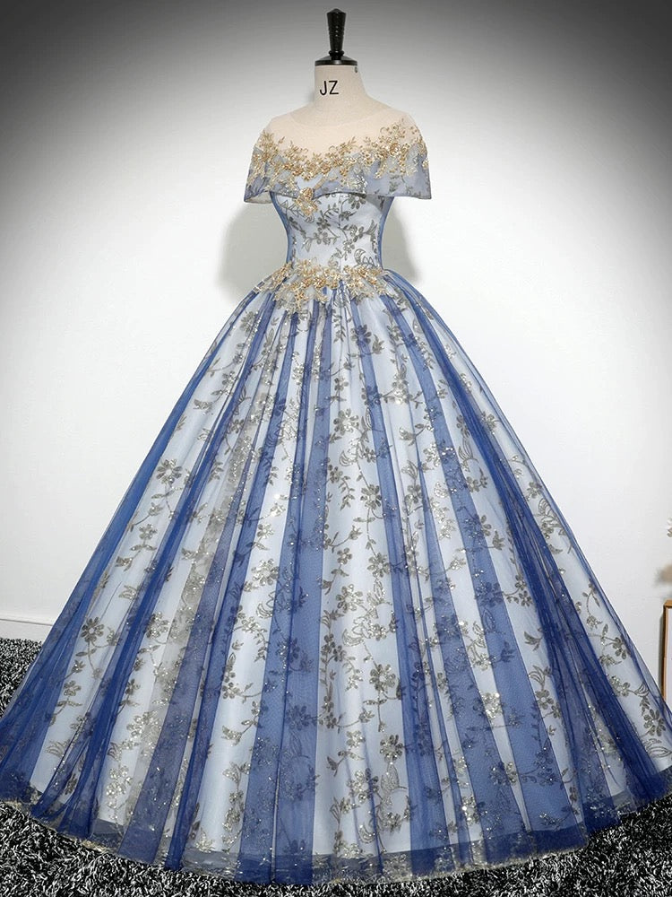 A-Line Round Neck Tulle Sequin Lace Blue Long Prom Dress, Blue Long Formal Dress