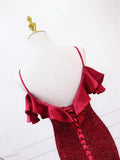 Mermaid V Neck Burgundy Long Prom Dress, Burgundy Long Evening Dress
