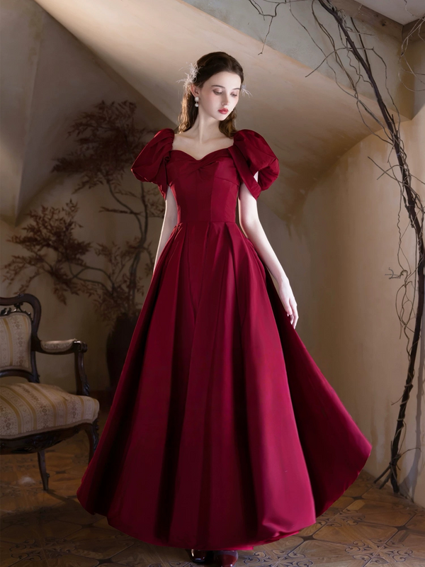 A-Line Puff Sleeves Satin Burgundy Prom Dress, Burgundy Long Formal Dress