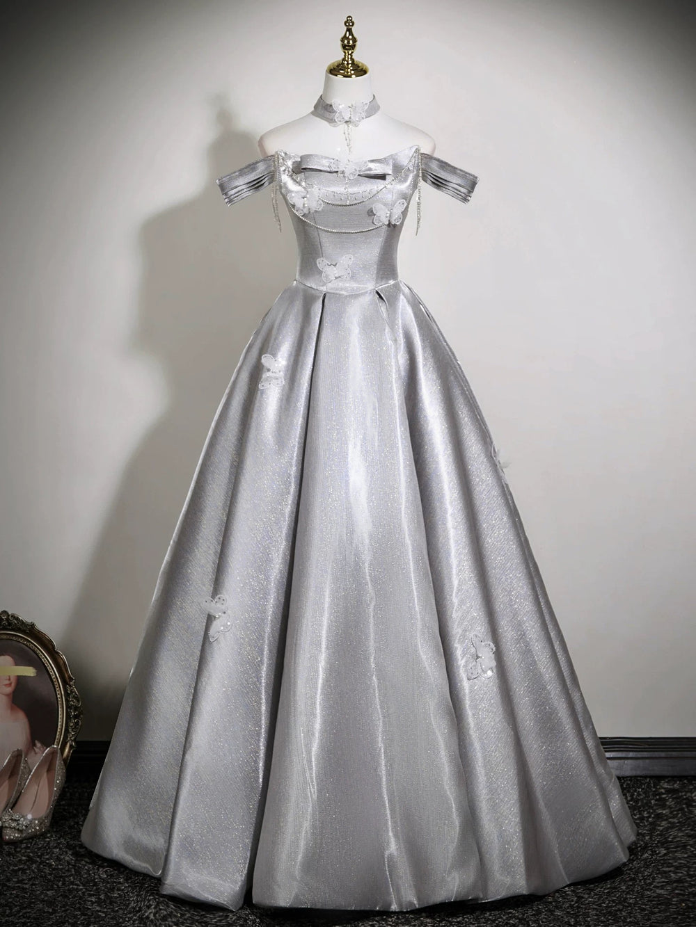 A-Line Off Shoulder Satin Gray Long Prom Dress, Gray Long Formal Dress